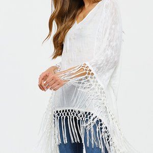 Embroidered knit contrast long sleeve fringe top